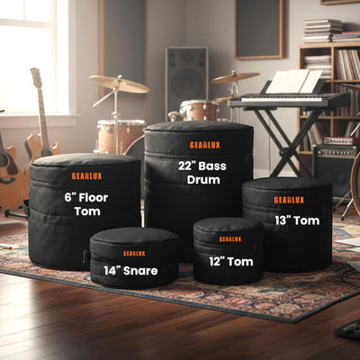 Gearlux 5-Piece Drum Bag Set for 12" Tom, 13" Tom, 14" Snare, 16" Floor Tom, 22" Bass Drum