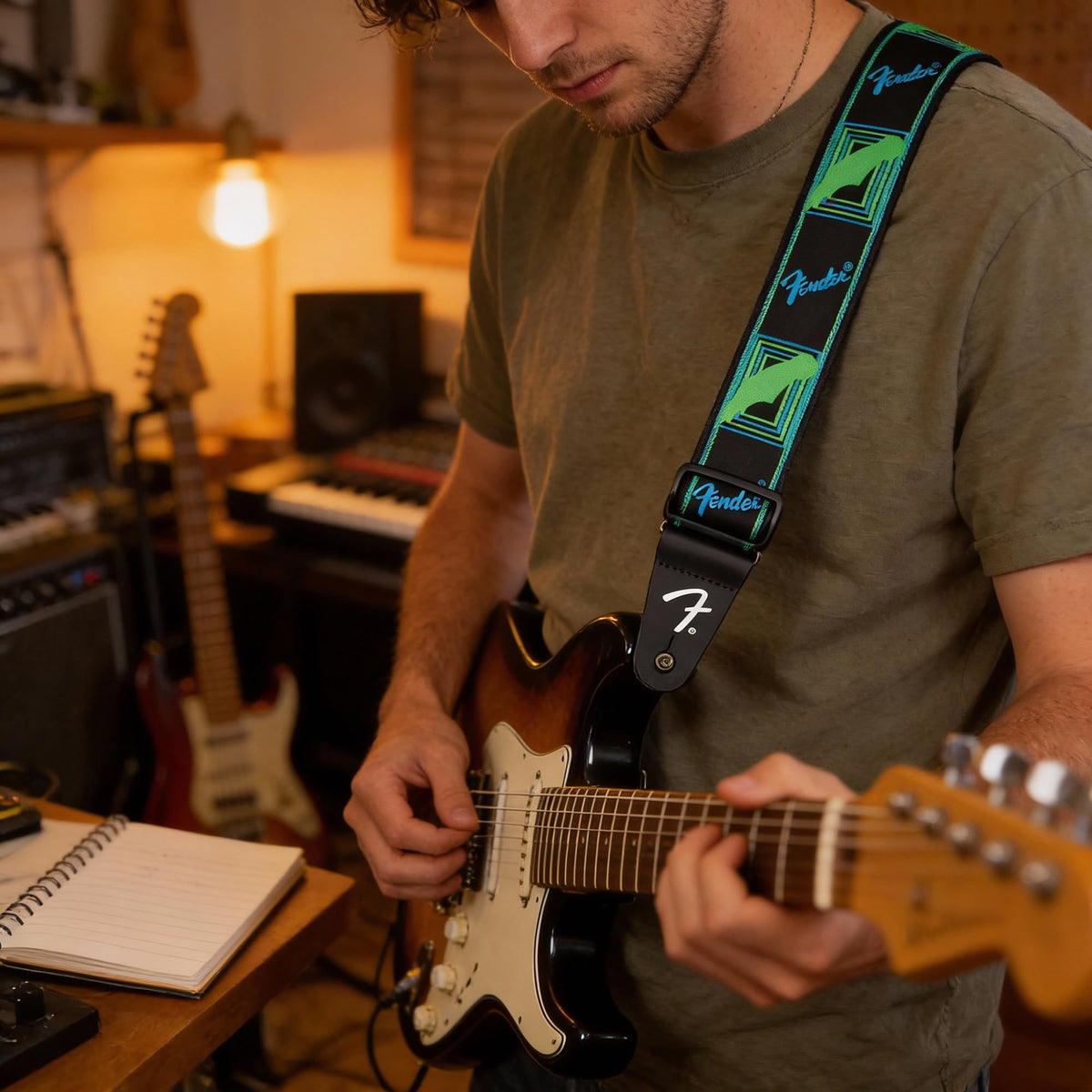 Fender Neon Monogrammed 2-Inch Guitar Strap - Blue and Green w/ Strap Blocks