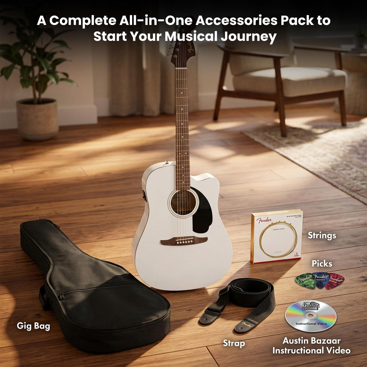 Fender California Redondo CE Dreadnought Acoustic-Electric Guitar - White w/ Gig Bag