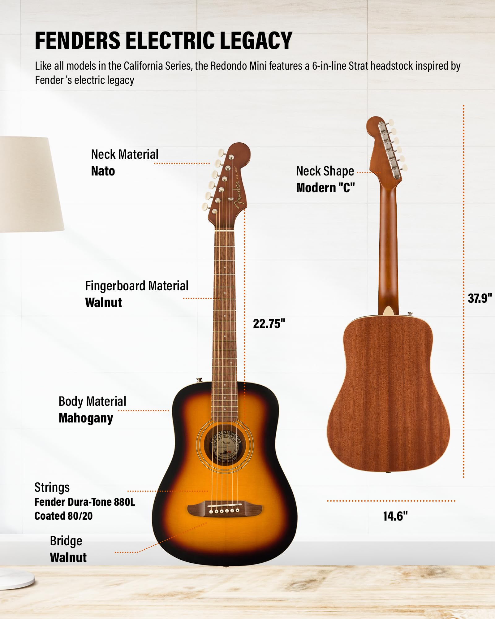 Fender Redondo Mini 3/4-Size Kids Acoustic Guitar - Sunburst w/ Gig Bag