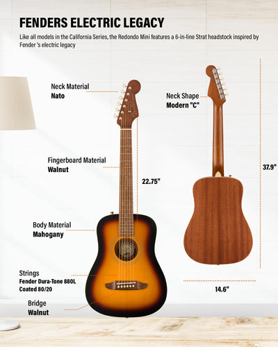 Fender Redondo Mini 3/4-Size Kids Acoustic Guitar - Sunburst w/ Gig Bag
