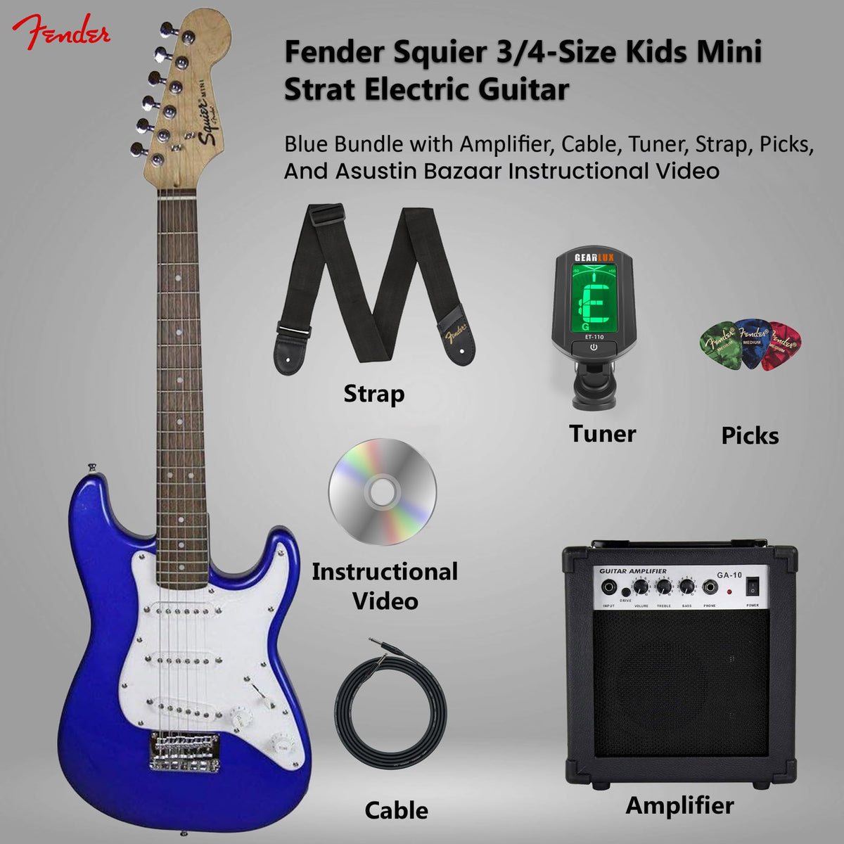 Fender Squier 3/4-Size Kids Mini Strat Electric Guitar - Imperial Blue w/ Amplifier