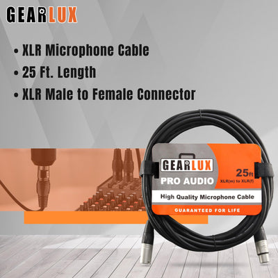 Gearlux 25-Foot XLR Microphone Cable, Fully Balanced, Male to Female, Black