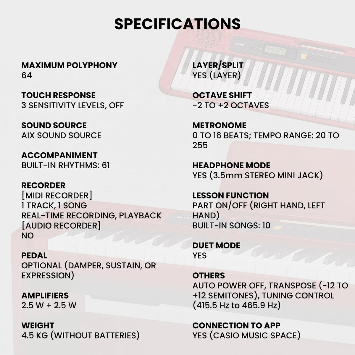 Casio CT-S1 Casiotone 61-Key Keyboard - Red w/ Adjustable Stand