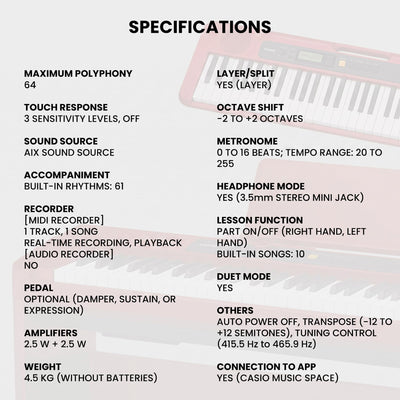 Casio CT-S1 Casiotone 61-Key Keyboard - Red w/ Adjustable Stand