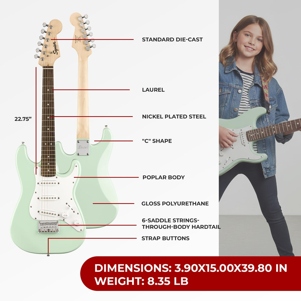 Fender Squier 3/4-Size Kids Mini Strat Electric Guitar - Surf Green w/ Amplifier