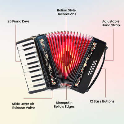 Rossetti 2512 25-Key 12-Bass Piano Accordion - Gloss Black w/ Hard Case