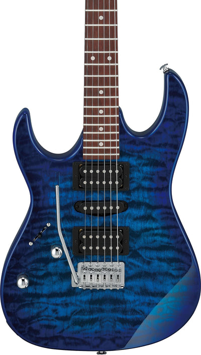 Ibanez GRX70QAL RG Gio Electric Guitar, Left Handed - Transparent Blue Burst w/ Gig Bag