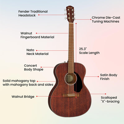 Fender CC-60S Solid Top Concert Acoustic Guitar - All Mahogany w/ Gig Bag