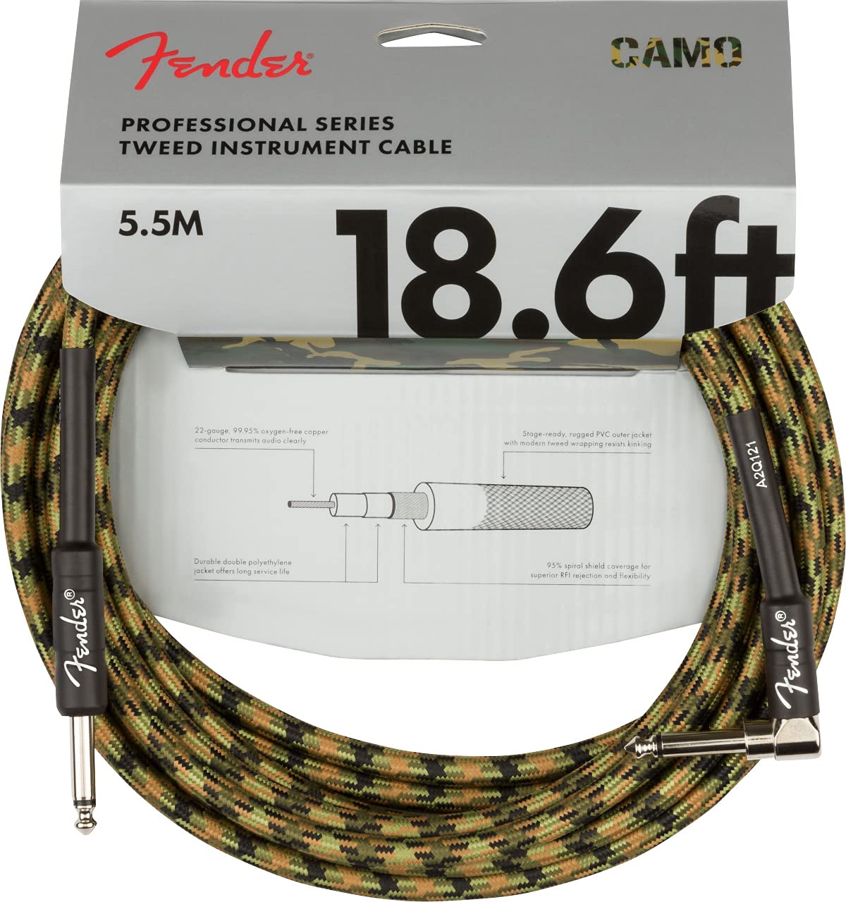 Fender 18.6-Foot Professional Instrument Cable, Straight-Angled, Woodland Camo - 1 Pack