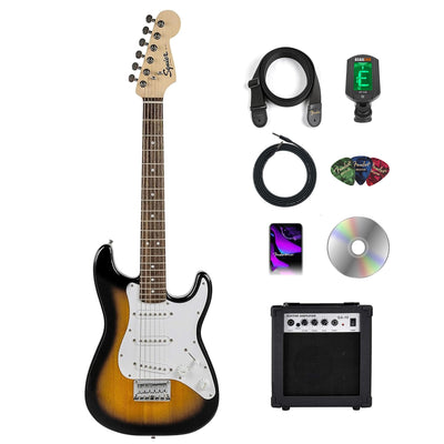 Fender Squier 3/4-Size Kids Mini Strat Electric Guitar - Sunburst w/ Amplifier