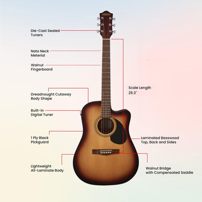 Gretsch Prelude D100CE Dreadnought Cutaway Acoustic-Electric Guitar - Sunburst w/ Gig Bag