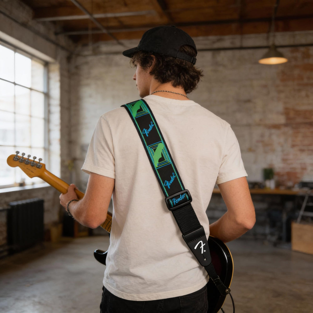 Fender Neon Monogrammed 2-Inch Guitar Strap - Blue and Green w/ Strap Blocks