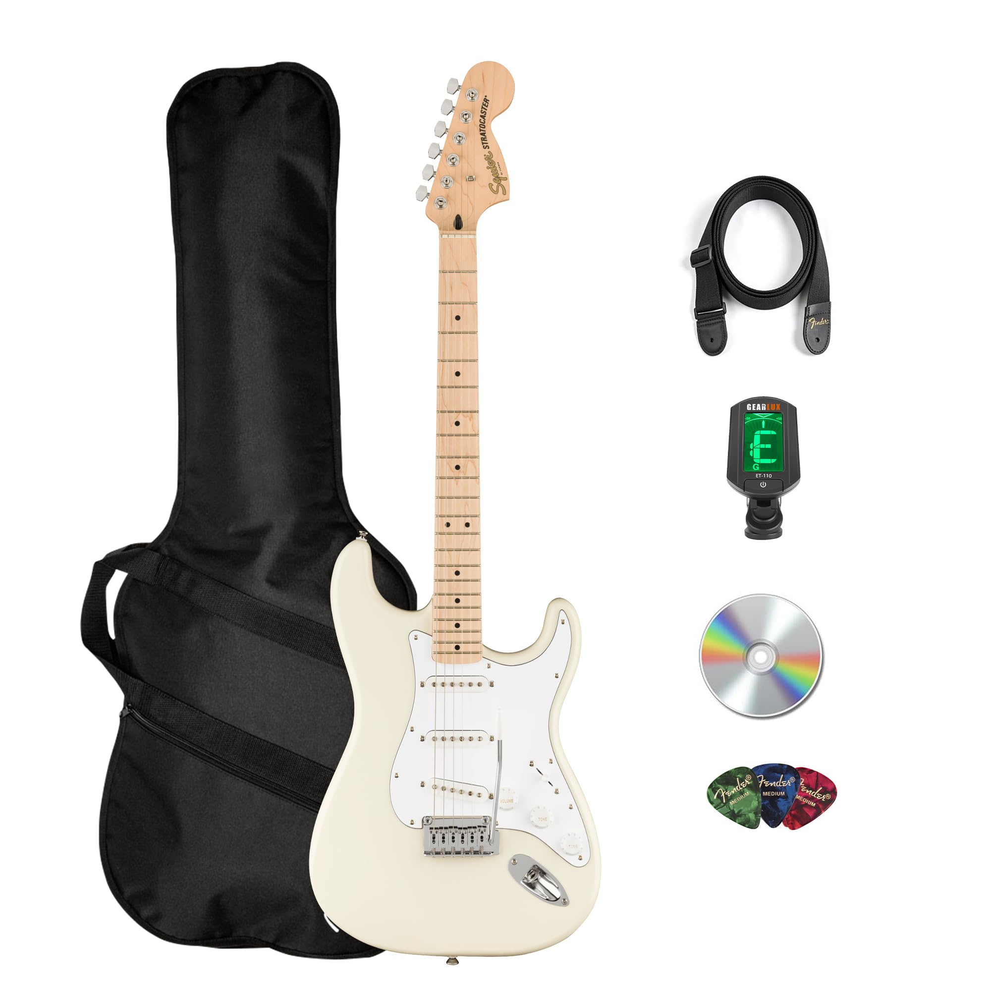 Squier Stratocaster ホワイト　ケース付き Fender Squier Affinity Stratocaster, Maple - Olympic White w/ Gig