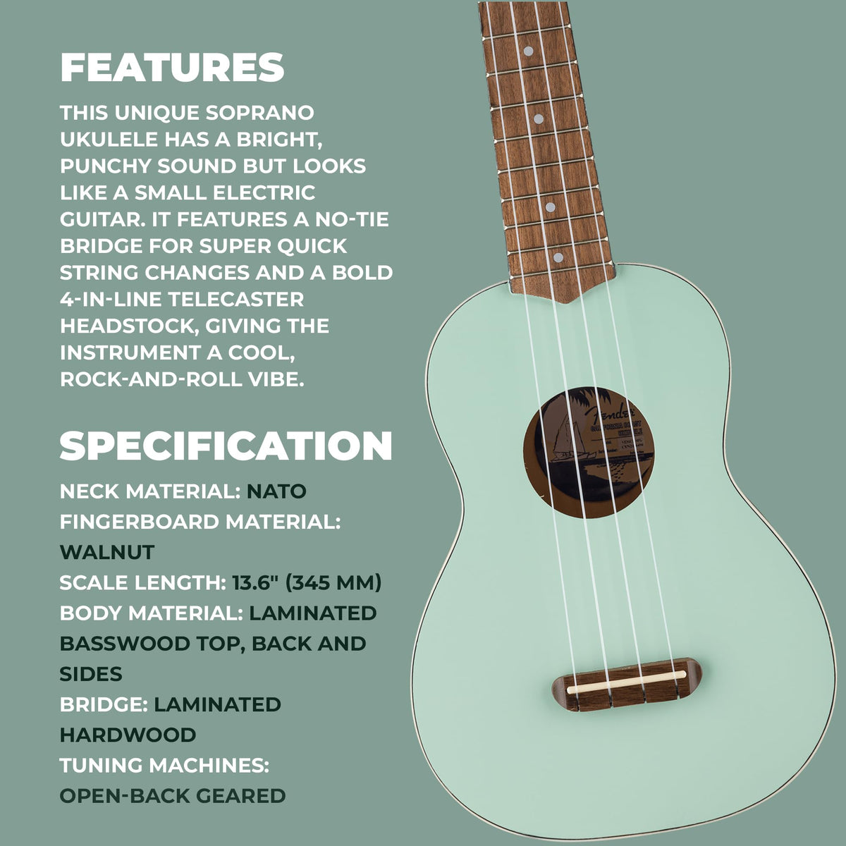Fender Venice Soprano Ukulele - Surf Green w/ Gig Bag