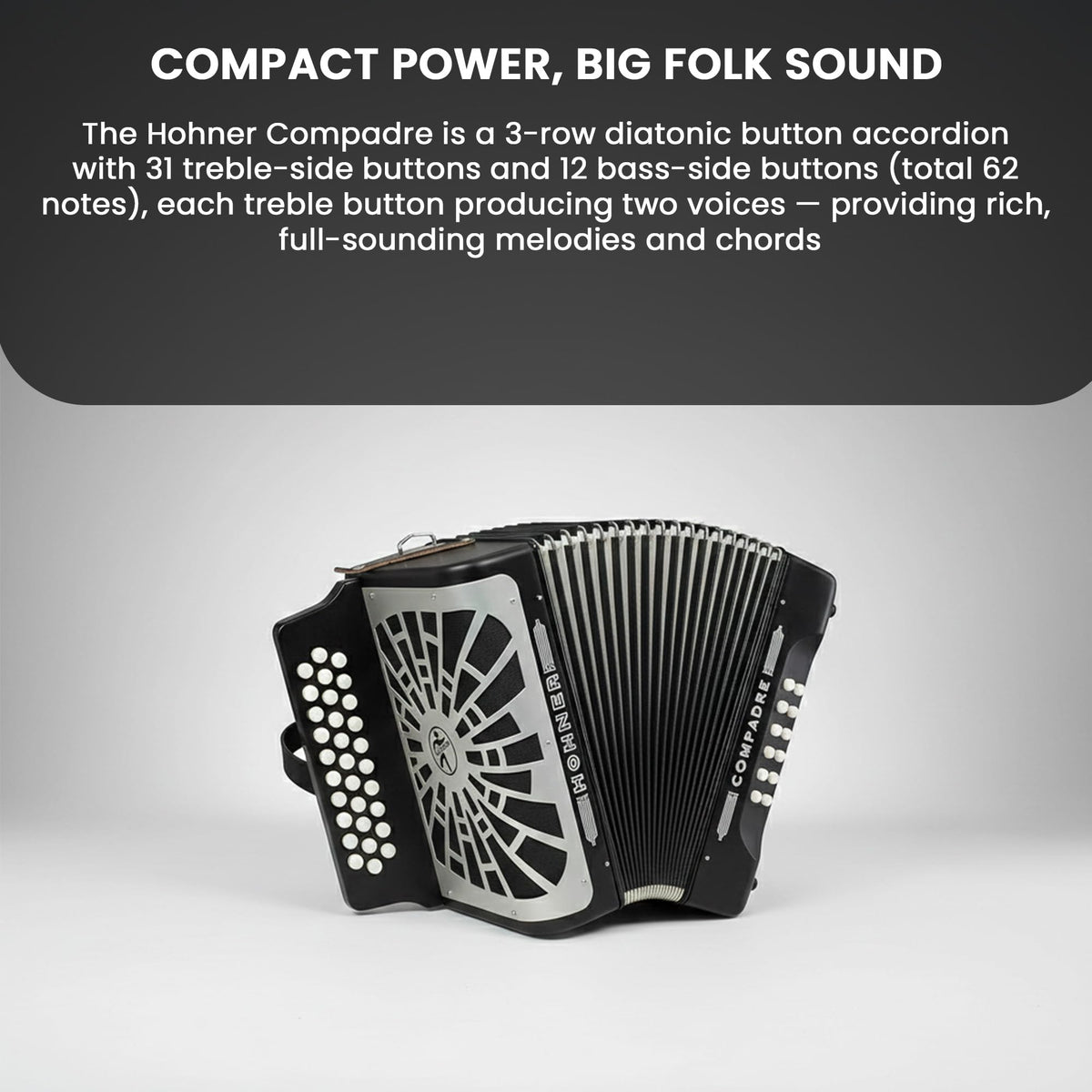 Hohner Compadre FBbEb 3-Row Diatonic Accordion - Black w/ Gig Bag