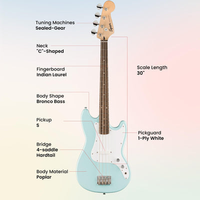 Fender Squier Sonic Bronco Bass Guitar - Daphne Blue w/ Rumble 15 Amplifier