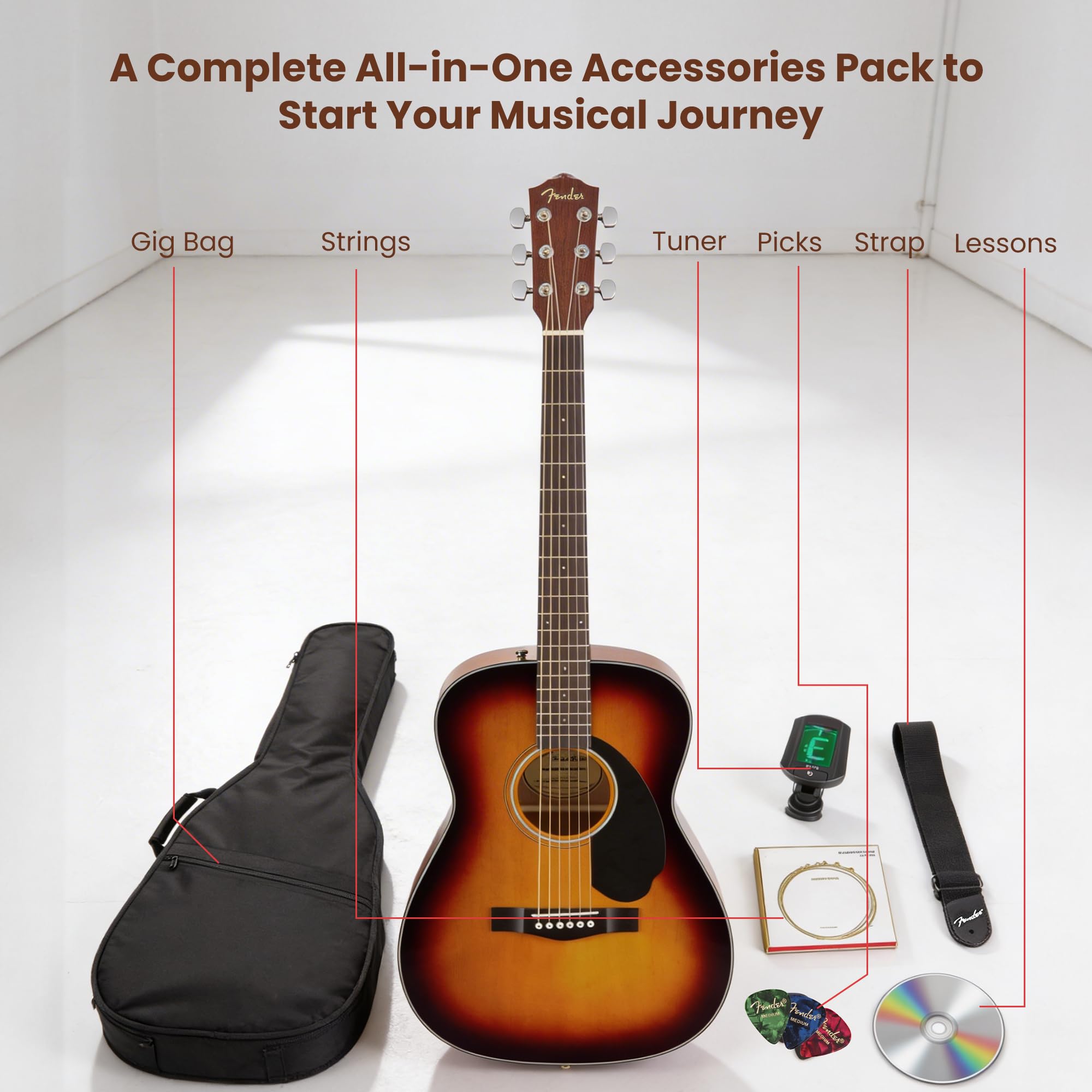 Fender CC-60S Solid Top Concert Acoustic Guitar - 3-Color Sunburst w/ Gig Bag