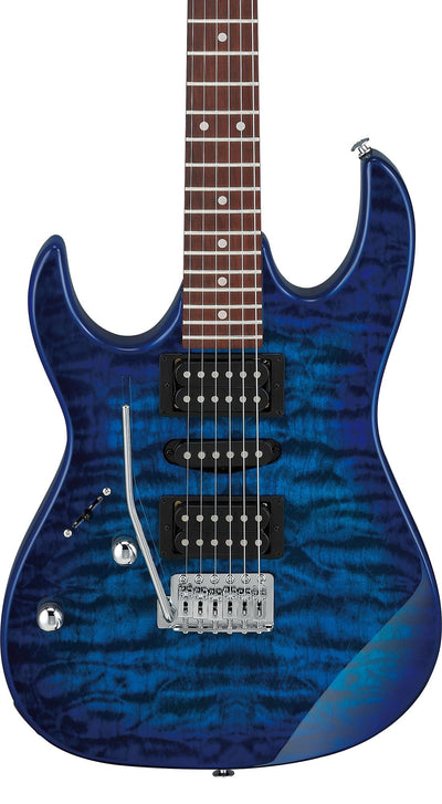 Ibanez GRX70QAL RG Gio Electric Guitar, Left Handed - Transparent Blue Burst w/ Amplifier