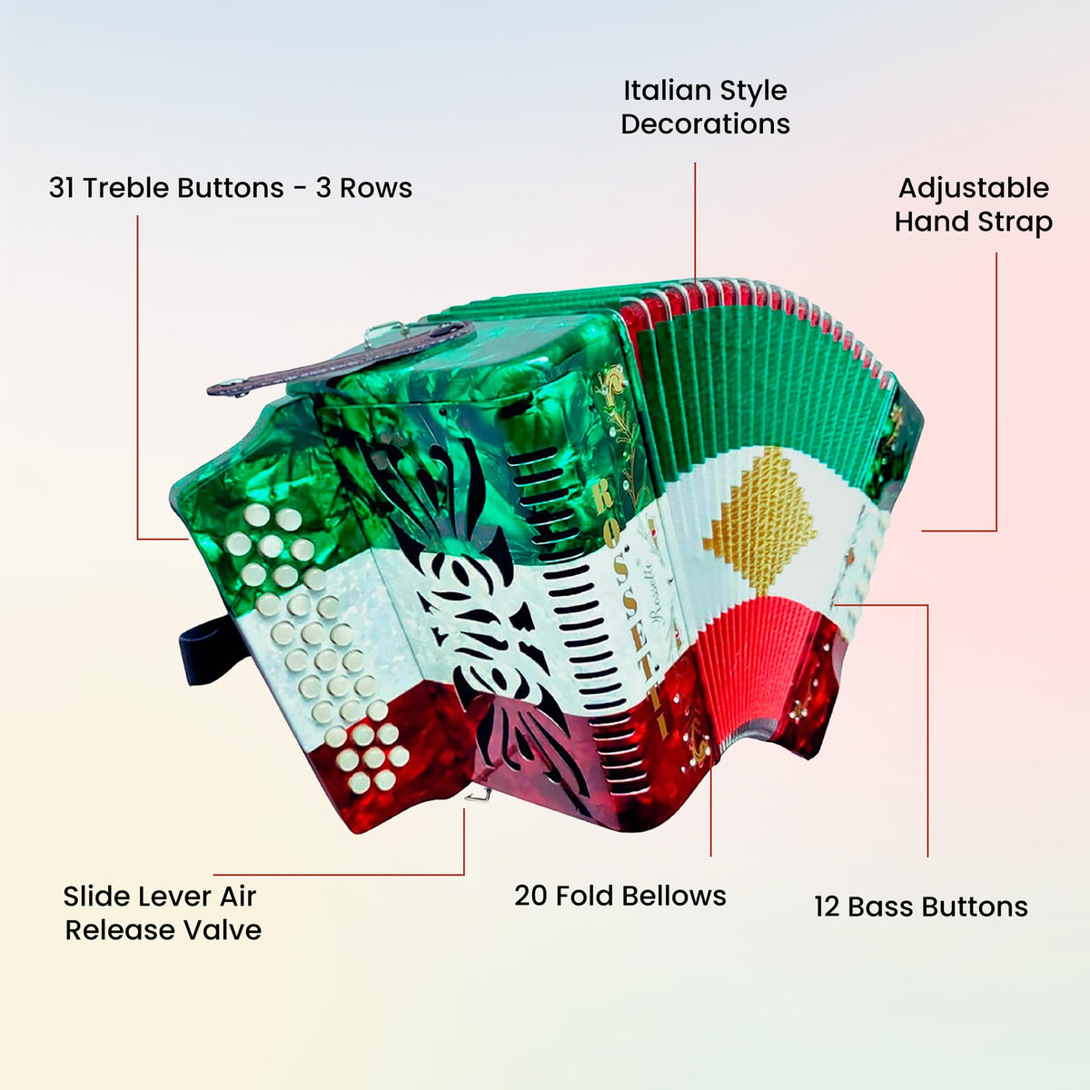 Rossetti 3112 31-Button 12-Bass Diatonic Accordion, Key of GCF - Italian Flag Tricolor w/ Hard Case