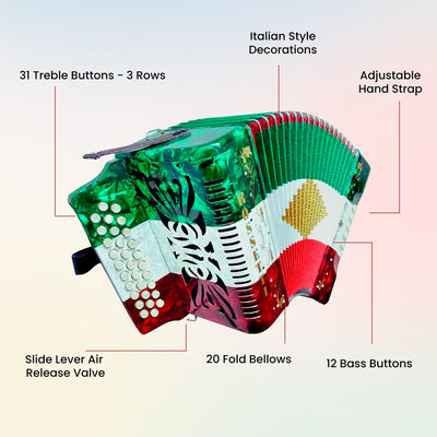 Rossetti 3112 31-Button 12-Bass Diatonic Accordion, Key of GCF - Italian Flag Tricolor w/ Hard Case