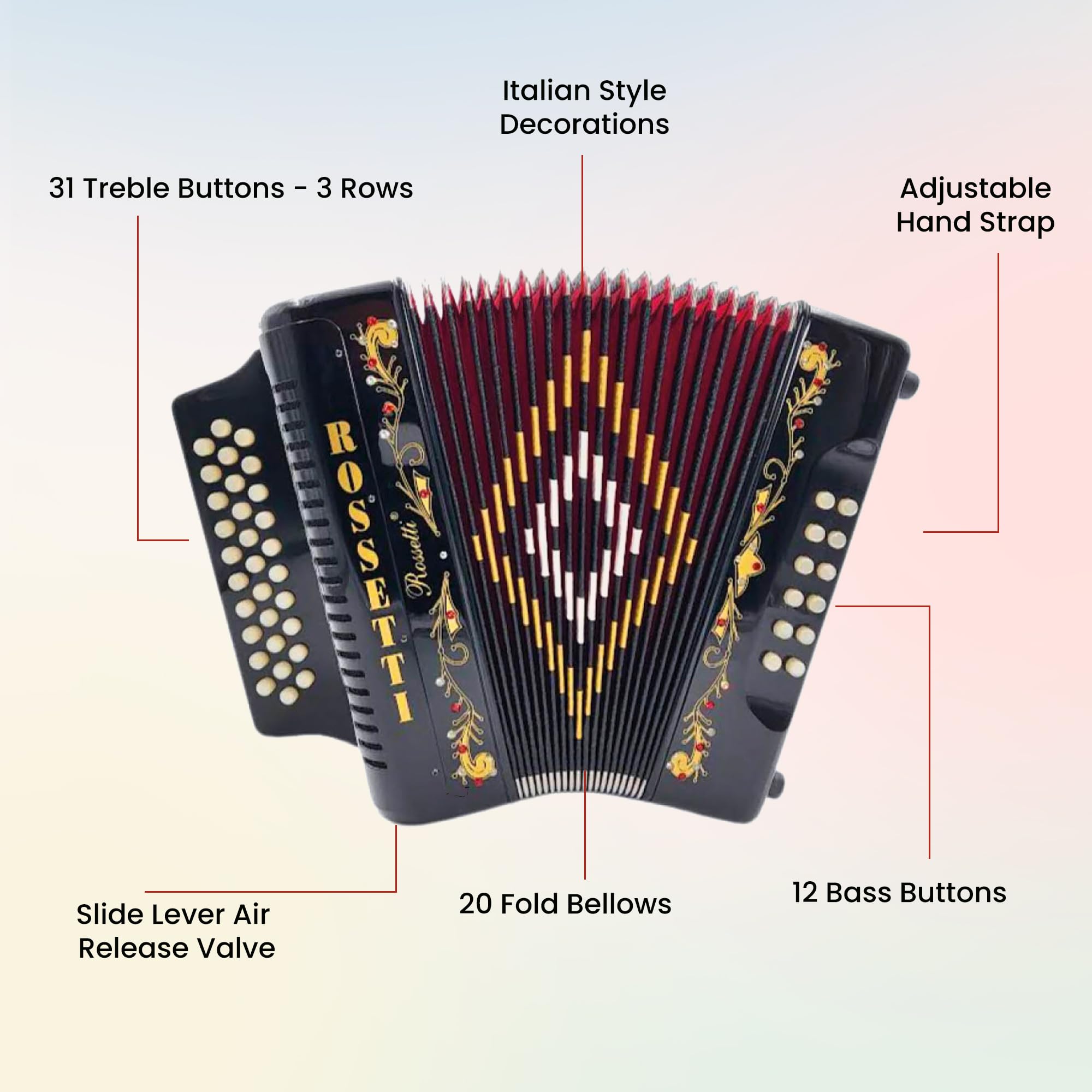 Rossetti 3112 31-Button 12-Bass Diatonic Accordion, Key of FBE - Gloss Black w/ Hard Case
