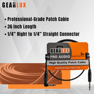 Gearlux 36-Inch Guitar Patch Cable, 1/4 Inch, Straight-Angled, Black - 6 Pack