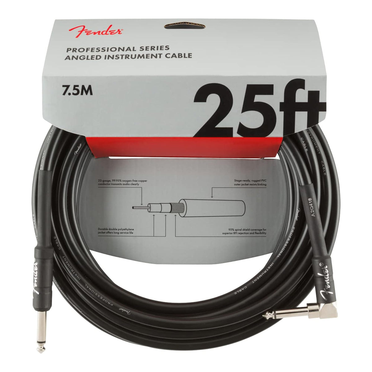Fender 25-Foot Professional Instrument Cable, Straight-Angled, Black - 1 Pack