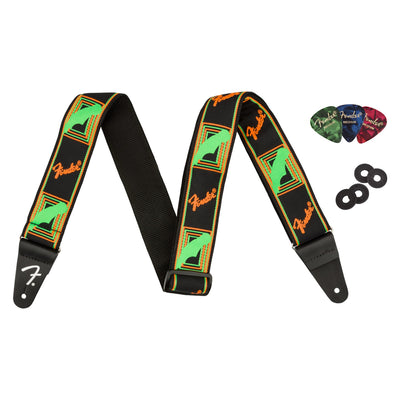Fender Neon Monogrammed 2-Inch Guitar Strap - Green and Orange w/ Strap Blocks