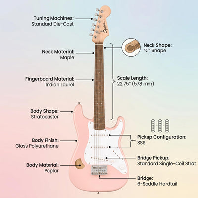 Fender Squier 3/4-Size Kids Mini Strat Electric Guitar - Shell Pink w/ Amplifier