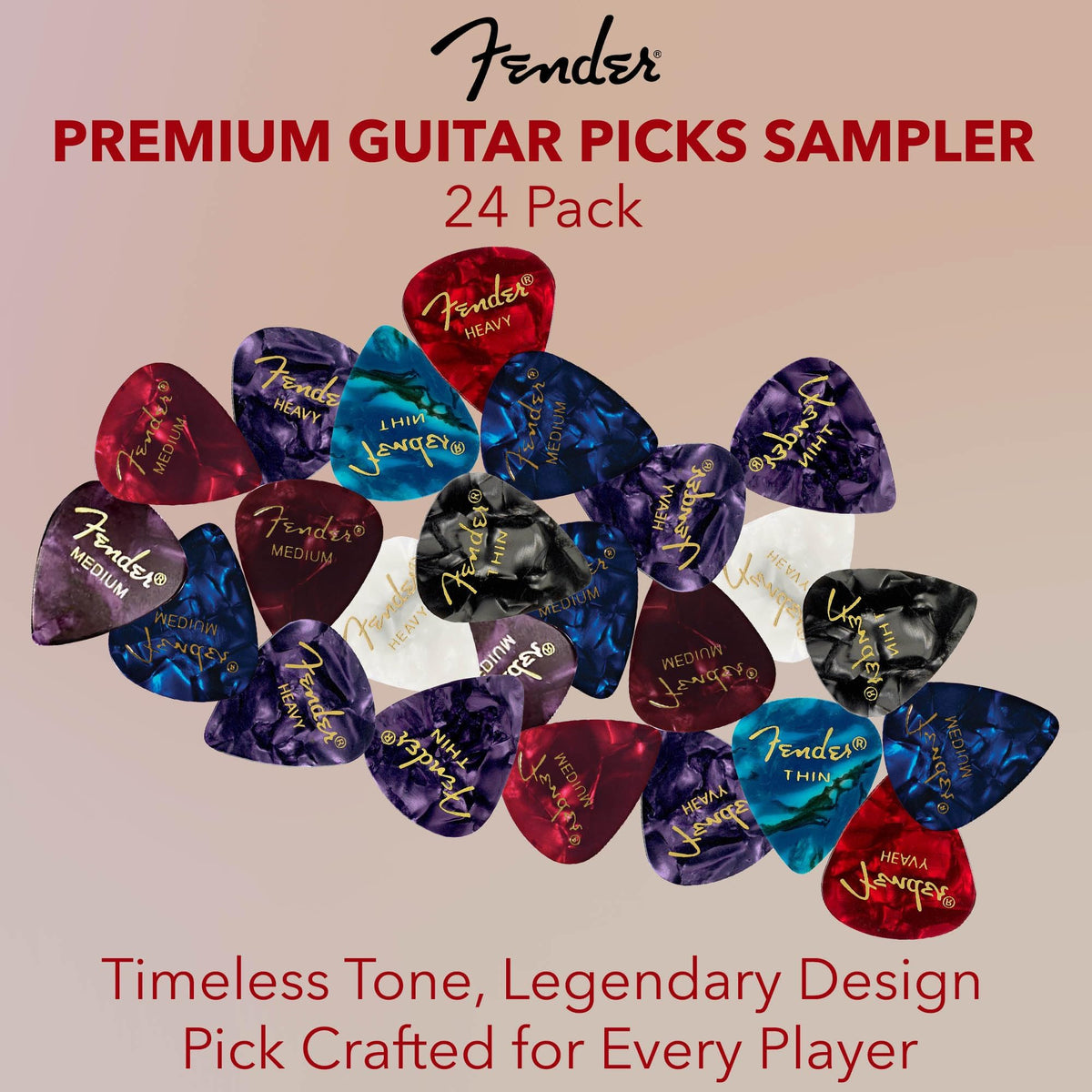 Fender Premium Guitar Pick Sampler, 24 Assorted - Tortoise Shell with Thin, Medium, and Heavy Gauges
