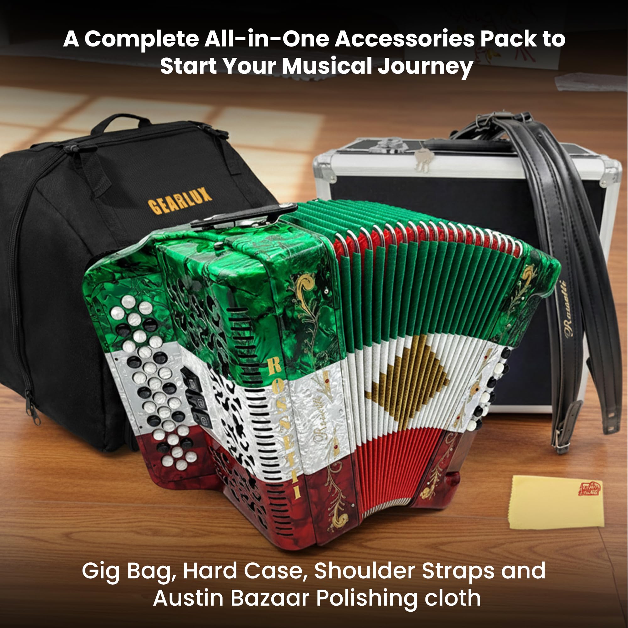 Rossetti 3412 34-Button 12-Bass Diatonic Accordion, Key of GCF - Italian Flag Tricolor w/ Hard Case