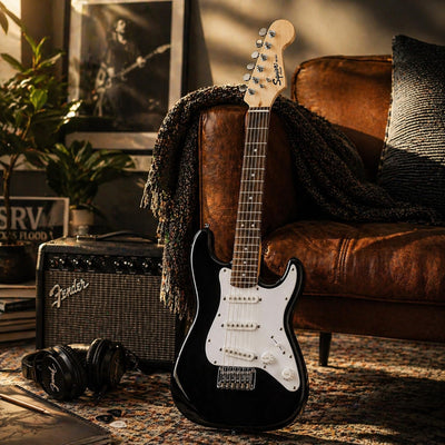 Fender Squier 3/4-Size Kids Mini Strat Electric Guitar - Black w/ Amplifier