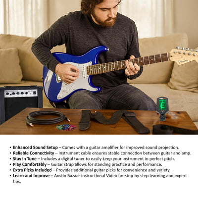 Fender Squier 3/4-Size Kids Mini Strat Electric Guitar - Imperial Blue w/ Amplifier