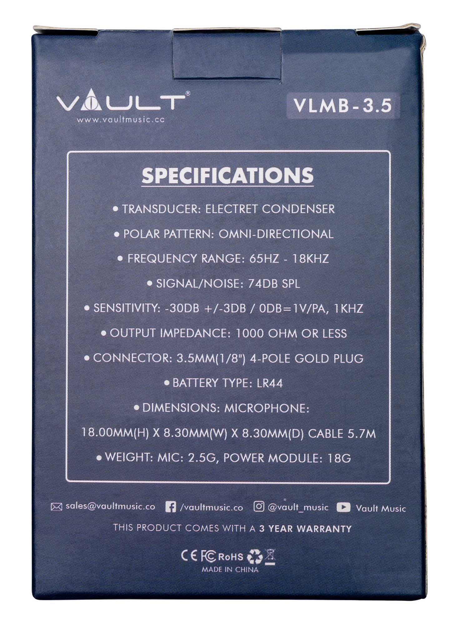 Vault PM-115 Lavalier Microphone with 5.5 Meter Audio Cable