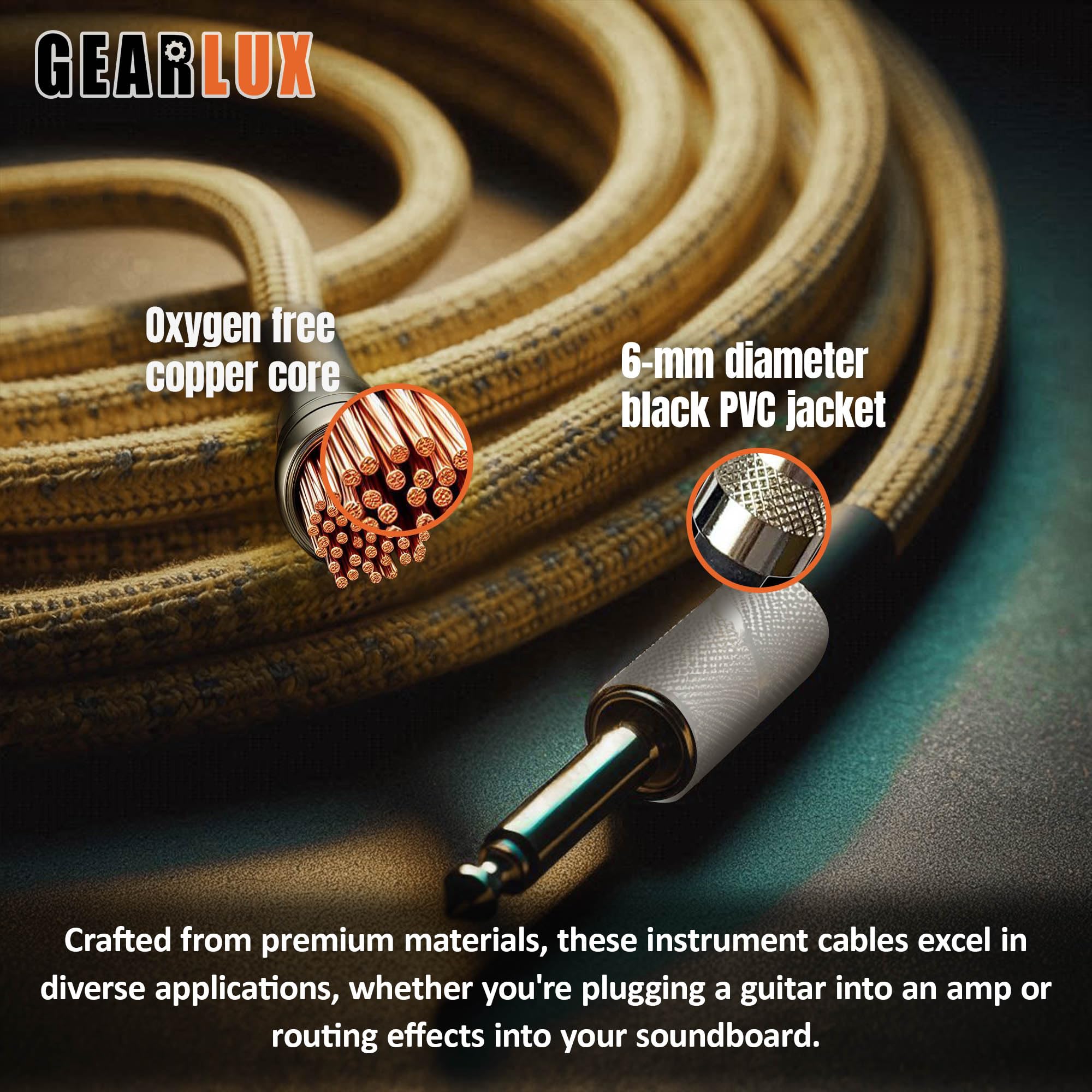 Gearlux Instrument Cable, 1/4 Inch, Straight-Straight, Tweed, 25 Foot