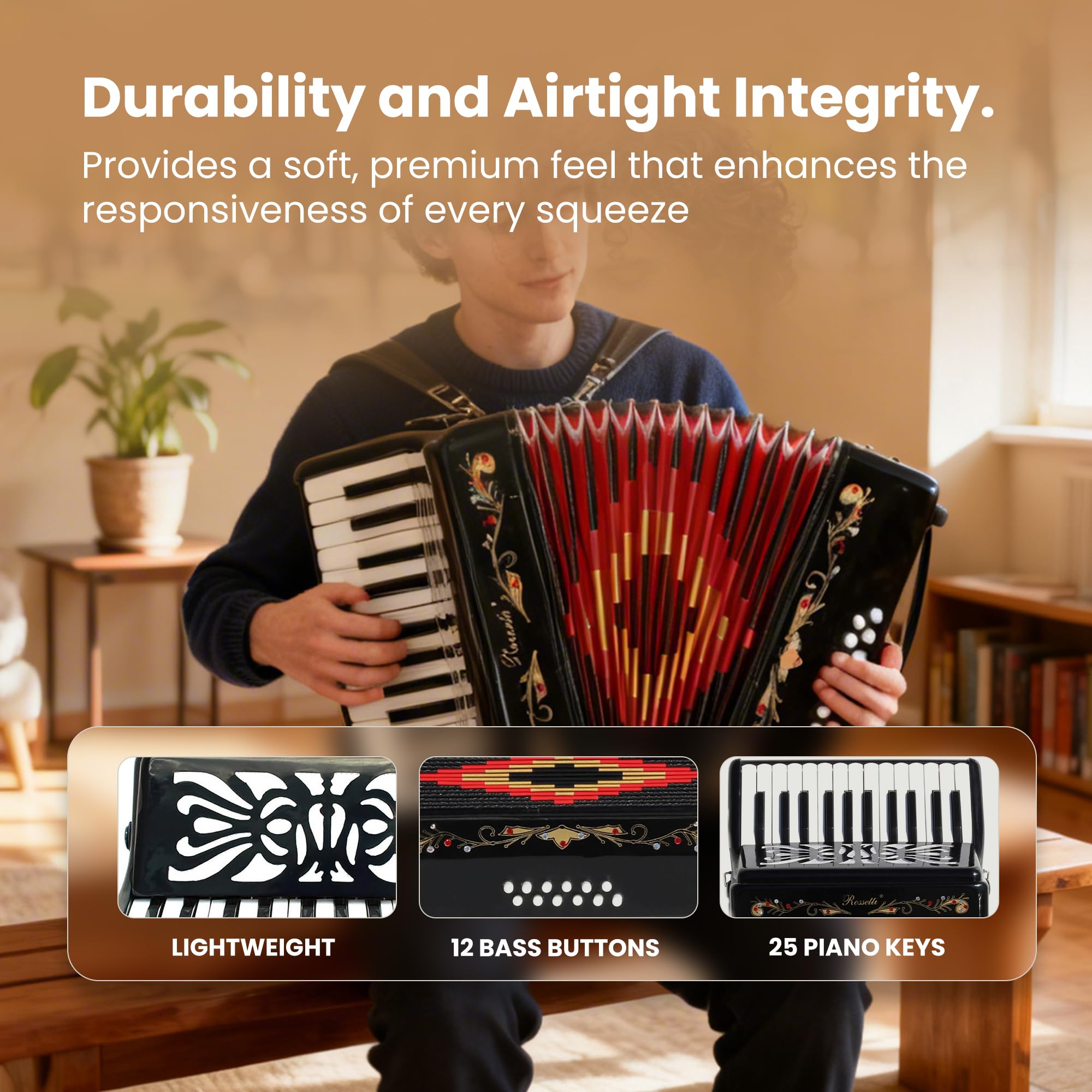Rossetti 2512 25-Key 12-Bass Piano Accordion - Gloss Black w/ Hard Case