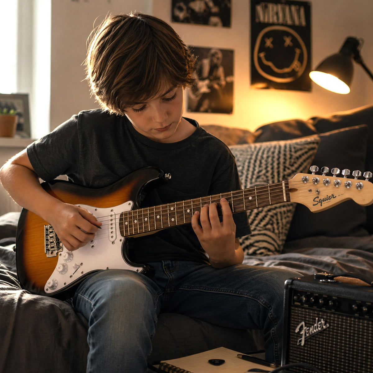 Fender Squier 3/4-Size Kids Mini Strat Electric Guitar - Sunburst w/ Tuner