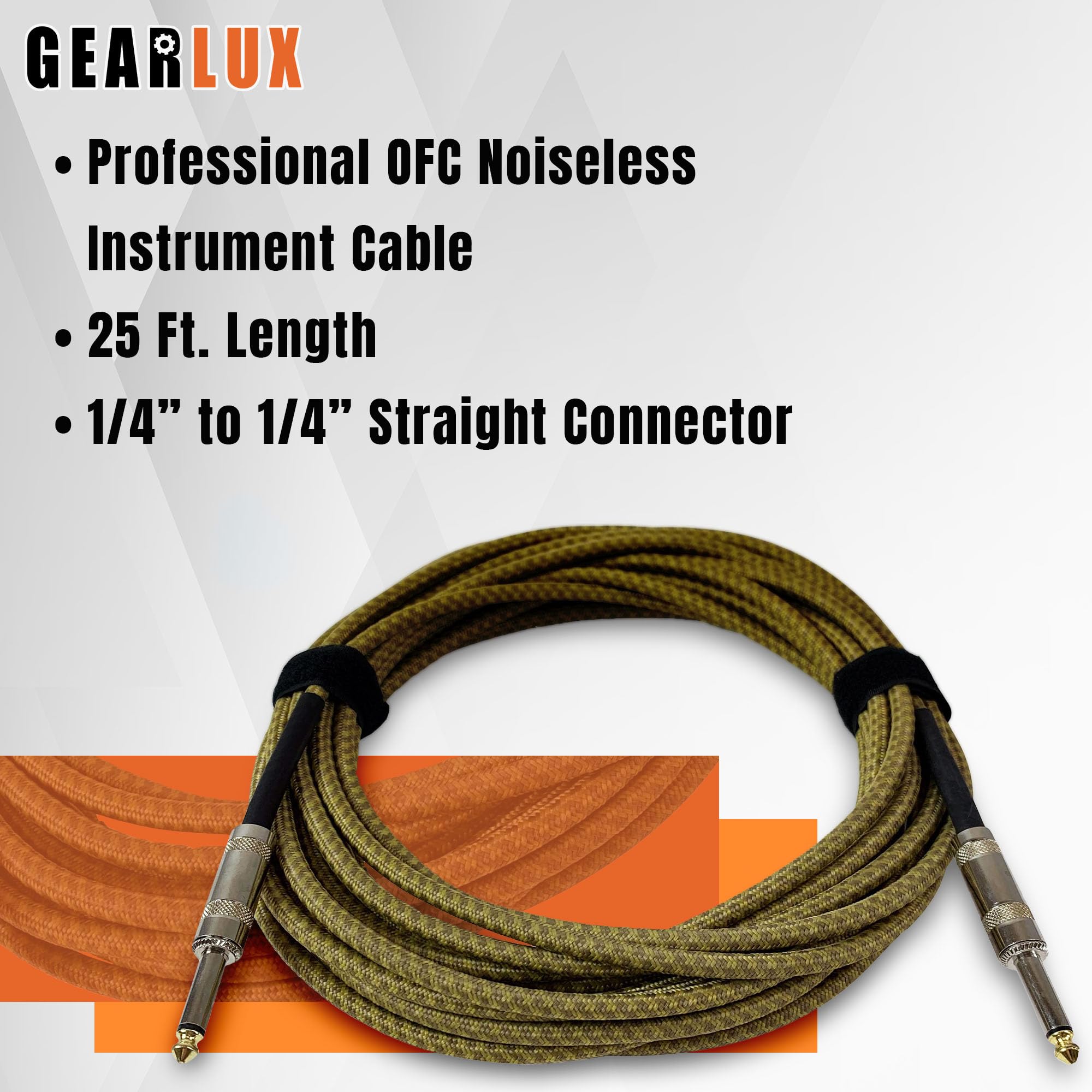 Gearlux Instrument Cable, 1/4 Inch, Straight-Straight, Tweed, 25 Foot