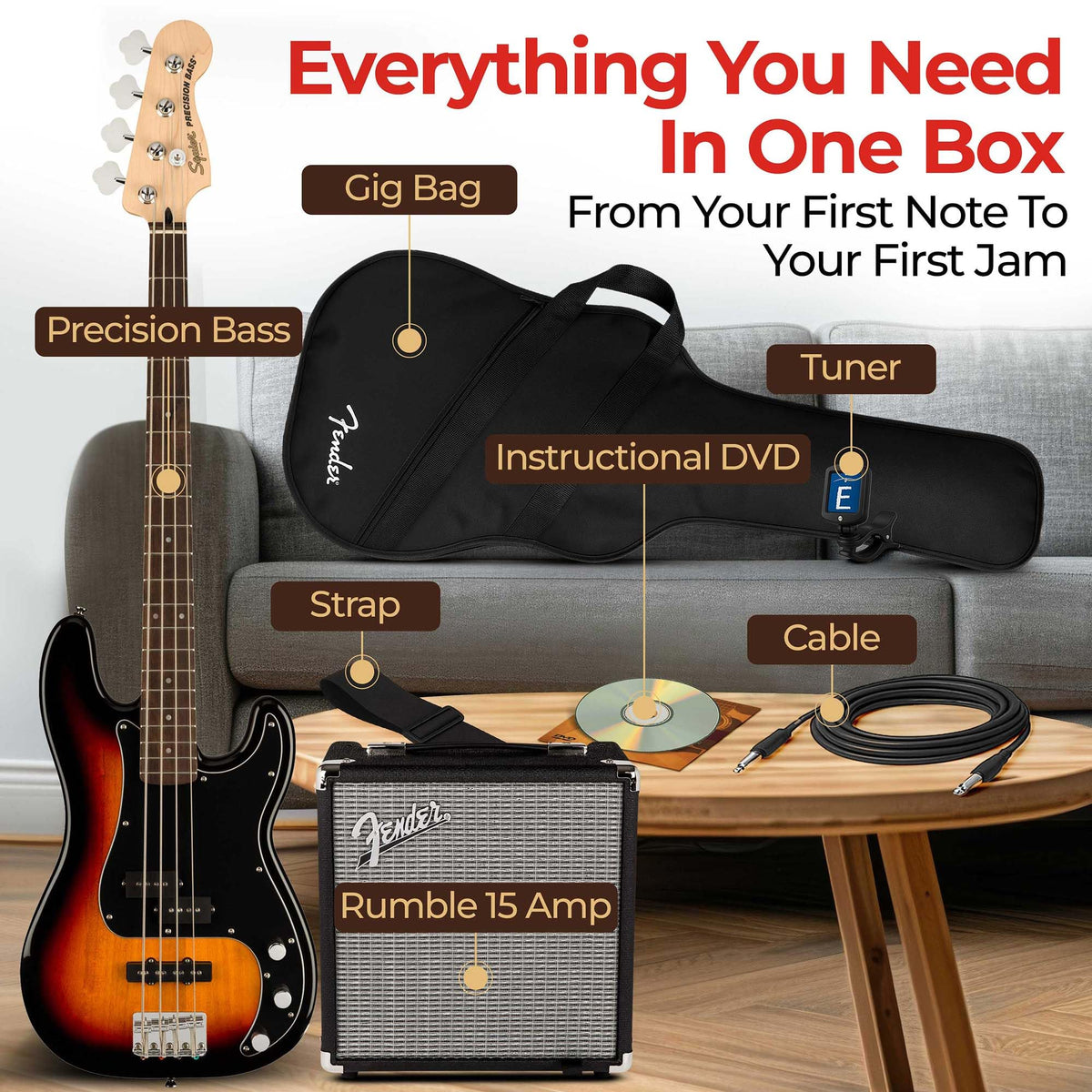 Fender Squier Affinity Precision Bass PJ - 3-Color Sunburst w/ Rumble 15 Amplifier