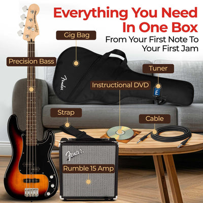 Fender Squier Affinity Precision Bass PJ - 3-Color Sunburst w/ Rumble 15 Amplifier