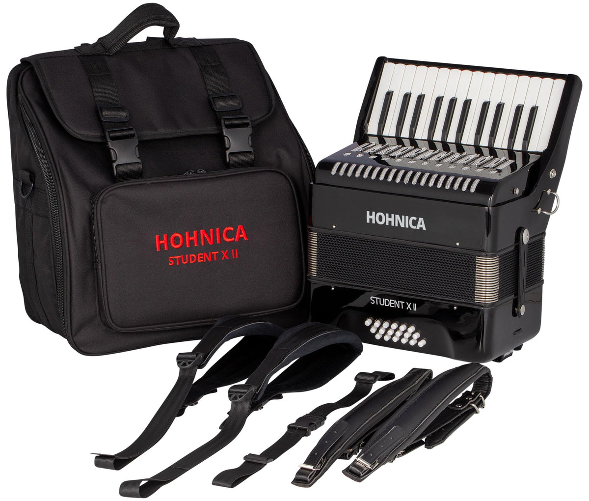 Hohner Hohnica Student XII 44-Key 18 Bass Piano Accordion - Black w/ Adjustable Stand