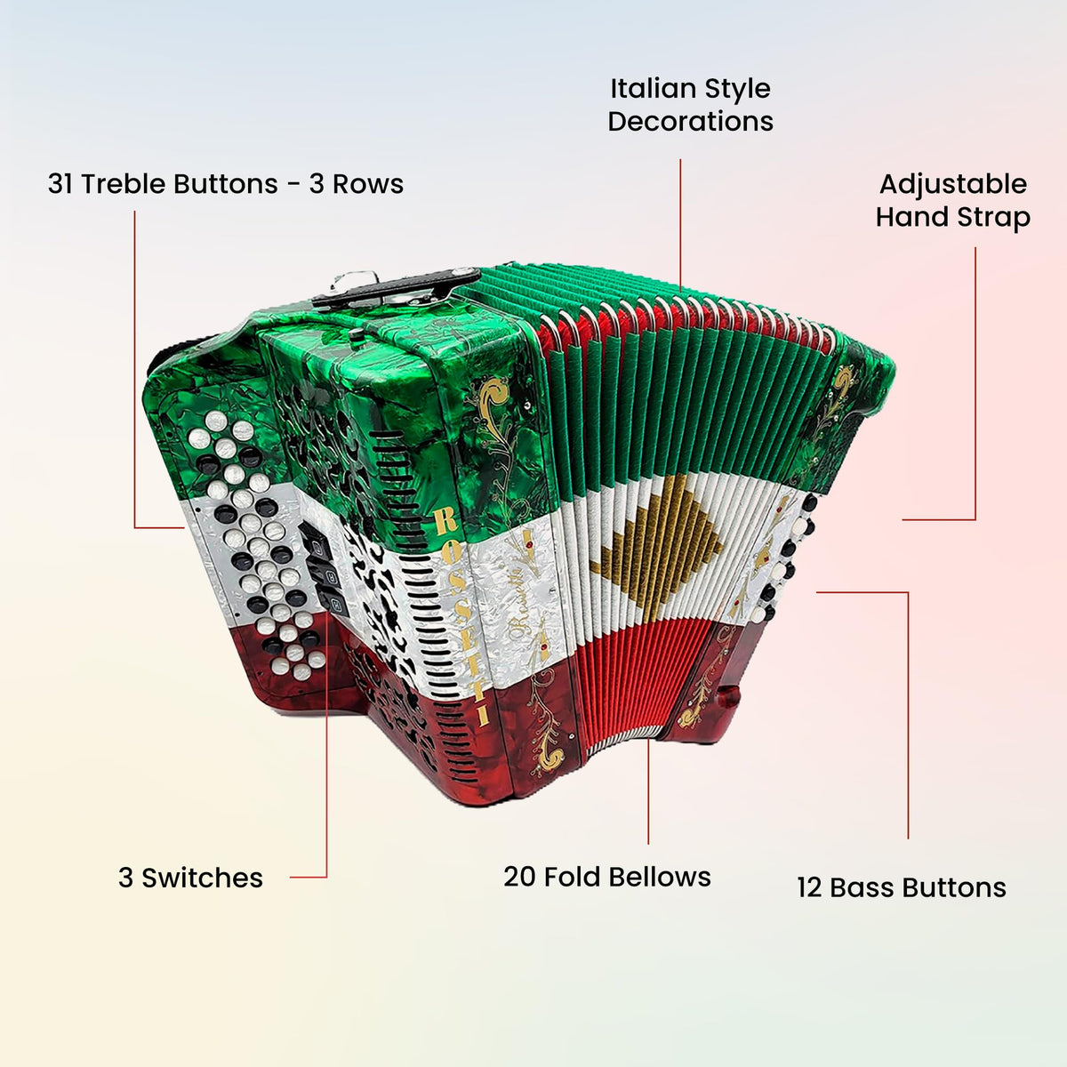 Rossetti 3412 34-Button 12-Bass Diatonic Accordion, Key of GCF - Italian Flag Tricolor w/ Hard Case