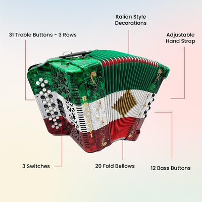 Rossetti 3412 34-Button 12-Bass Diatonic Accordion, Key of GCF - Italian Flag Tricolor w/ Hard Case