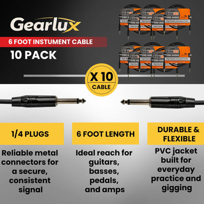 Gearlux 6-Foot Instrument Cable, 1/4 Inch, Straight-Straight, Black - 10 Pack