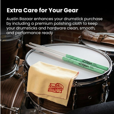 Zildjian 5A Maple Green DIP Drumsticks - 6-Pack Bundle with Austin Bazaar Polishing Cloth