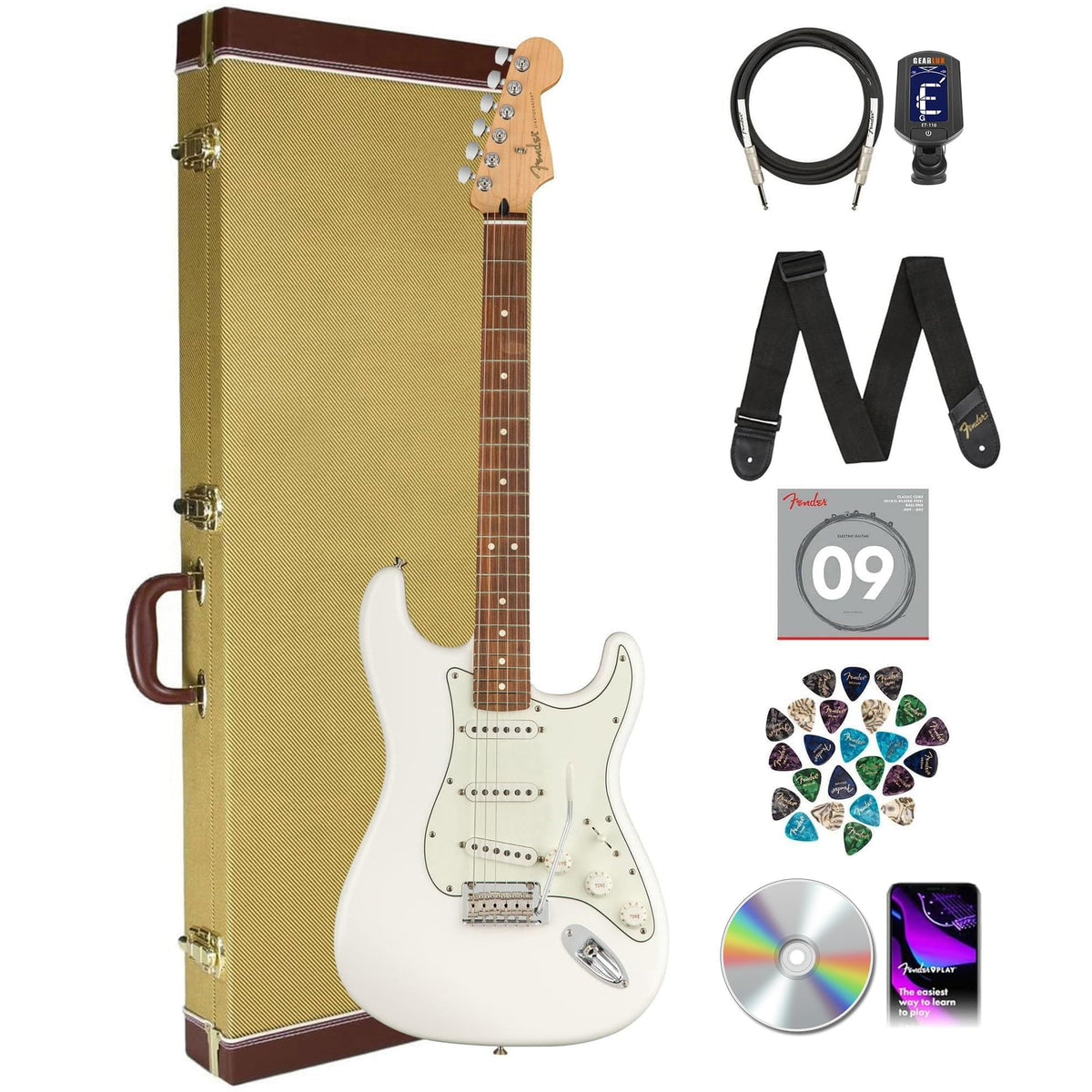 Fender Player Stratocaster, Pau Ferro - Polar White w/ Tweed Hard Case