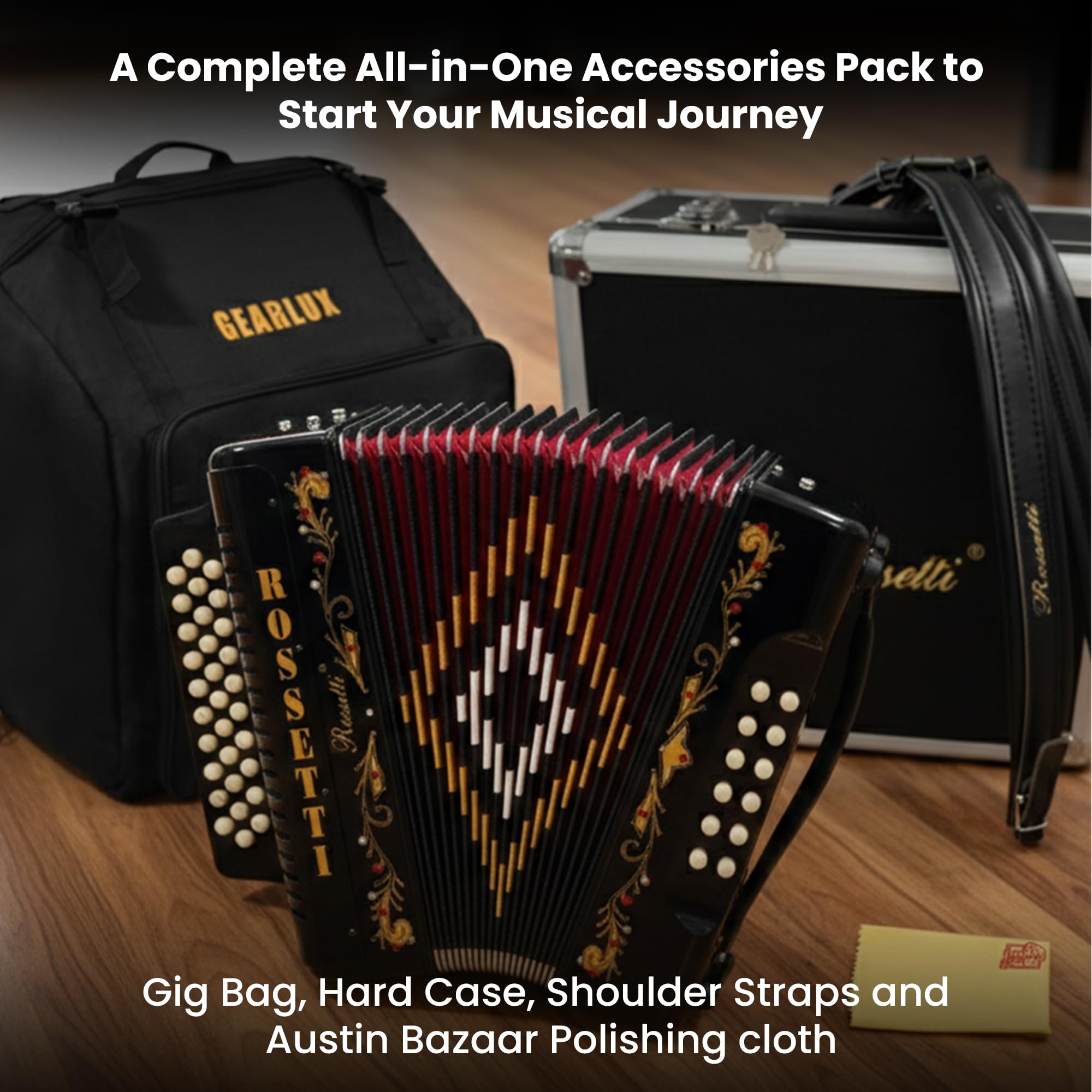 Rossetti 3112 31-Button 12-Bass Diatonic Accordion, Key of GCF - Gloss Black w/ Hard Case