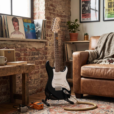 Fender Squier 3/4-Size Kids Mini Strat Electric Guitar, Left Handed - Black w/ Amplifier
