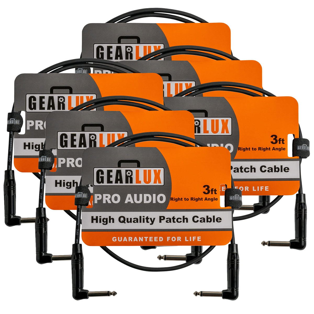 Gearlux 3-Inch Guitar Patch Cable, 1/4 Inch, Angled, Black - 6 Pack